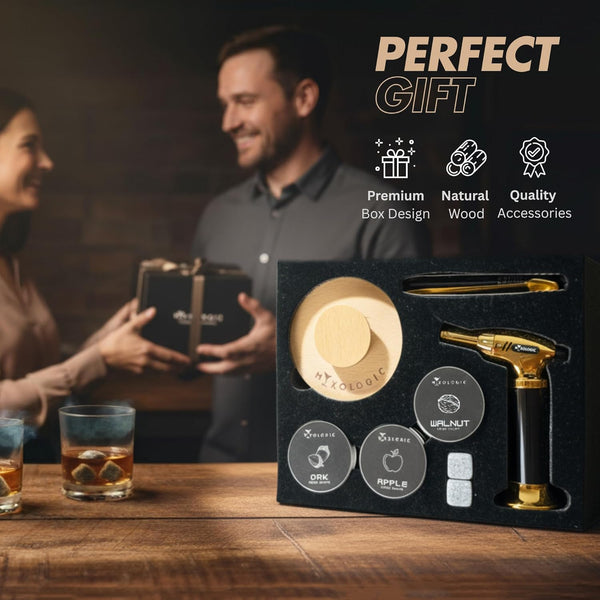 MIXOLOGIC Whiskey Smoker Kit with Torch, 6 Wood Chips, Ice Stones & Accessories, Old Fashioned Whisky Set, Cocktail Smoker for Drinks, Bourbon Infuser, Gift for Men, Husband, Dad (No Butane)