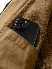Men'S Fleece Lined Utility Jacket, Winter Outdoor Windproof Coat Warm Cold Weather Gear, Casual Athletic Trench Coat, Comfortable Fleece-Lined Thickened Jacket, Arm Sleeves with Zipper Pockets, Letter Print