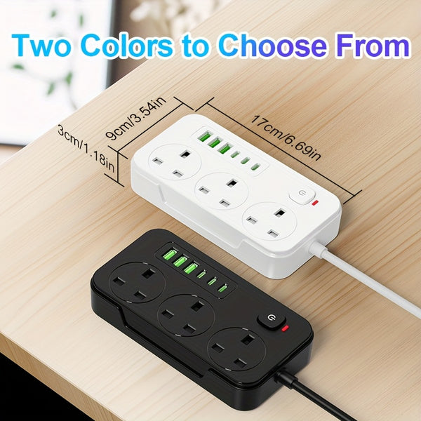 9-in-1 Power Socket Surge Protector, Power Socket/power Board/power Strip, 3250W, 13A, 2M Extension Cord, Portable Power Socket, Overload Protection, 3 AC Power Sockets, 6 USB Ports, Suitable For Home, Kitchen, Office Or Hotel Use