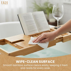 LKH Expandable Bamboo Bath Caddy Bridge Bathtub Organizer with Book Rest Wine Glass Holder and Tablet Support Tray for Home Spa Experience Fits Most Bath Sizes