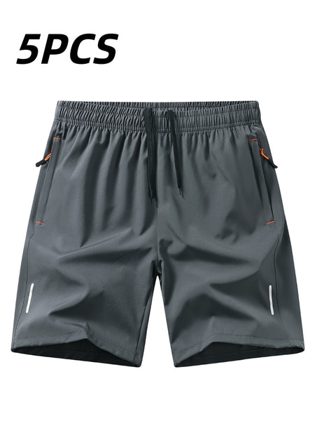 5pcs Men'S Outdoor Sports Quick-Dry Shorts, Breathable Comfort Spandex Blend with Zipper Pockets And Drawstring, Featuring Silvery Reflective Strips, Elastic Waistband, Suitable for Climbing, Tennis, Running, And Outdoor Activities