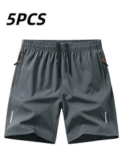5pcs Men'S Outdoor Sports Quick-Dry Shorts, Breathable Comfort Spandex Blend with Zipper Pockets And Drawstring, Featuring Silvery Reflective Strips, Elastic Waistband, Suitable for Climbing, Tennis, Running, And Outdoor Activities