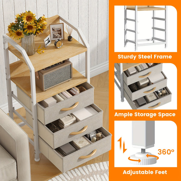 Industrial Rustic End Table with Storage - Nightstand with 3 Fabric Drawers & 2 Shelves, Wood & Metal Bedside Table Suitable for Bedroom, Living Room, Small Spaces - Assembly, Space-Saving