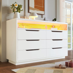 Marbled 6-Drawer Sideboard, Modern Storage Cabinet with Lighting & Shelves, Chest of Drawers for Living Room Home Office, 85 x 120 x 40 cm, White