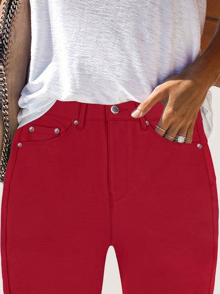 CY038 - Women's High-Waisted Stretch Street Style Solid Color Slim-Fit Fashion Metal Button Detail Casual Jeans