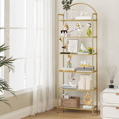 6 Tier Bookcase Bookshelf, Tempered Glass Bookshelves, Slim Shelving Unit for Bedroom, Bathroom, Home Office, Steel Frame, Golden