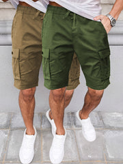 2pcs Men'S Cargo Shorts, Drawstring Waist Multi-Pocket Men'S Shorts