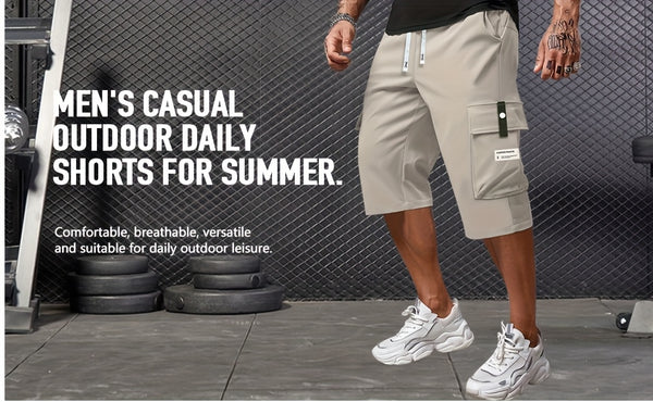 2pcs Men's Cargo Capri Pants with Drawstring Waist, Large Pockets, and Letter Patches for Summer, Fashion Casual Athletic Trousers