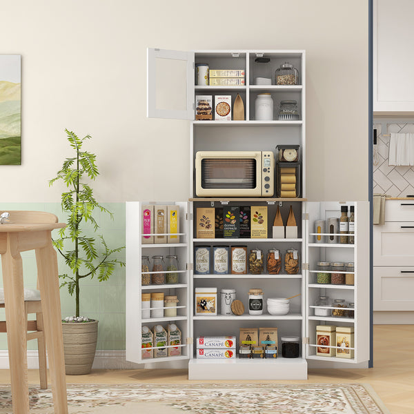169cm Kitchen Cupboard, Freestanding Storage Cabinet with Microwave Shelf, Adjustable Shelves & 8 Door Storage, Modern Kitchen Pantry with Glass Door for Living Room, Dining Room, White
