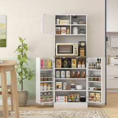 169cm Kitchen Cupboard, Freestanding Storage Cabinet with Microwave Shelf, Adjustable Shelves & 8 Door Storage, Modern Kitchen Pantry with Glass Door for Living Room, Dining Room, White