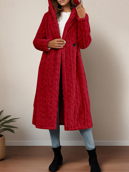 Fashionable Long Hooded Solid Color Cardigan Coat, Autumn/Winter Thickened Plush Outerwear, Warm, Versatile, and Suitable for Commuting