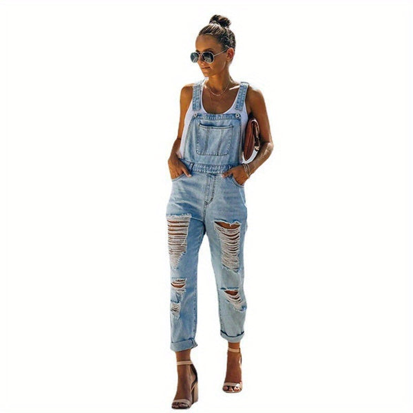 2025 New Style Denim Trouser with Hole Design And One-Piece Style with Back Belts And Short Legs