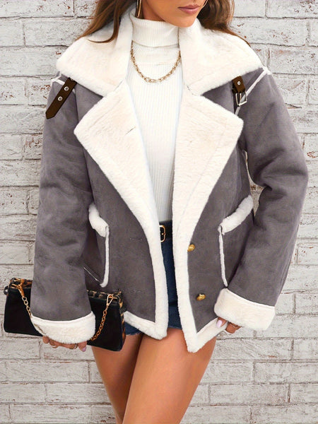 Women's Elegant Lapel Collar Plush Jacket with White Fur-Like Trim - Winter Warm Coat, Structured Fit Front Button Closure, Hand Washable Outerwear for Daily Travel & Holiday Outfits (Solid Color, Autumn/Winter) - Versatile Casual to Semi-Formal Wear