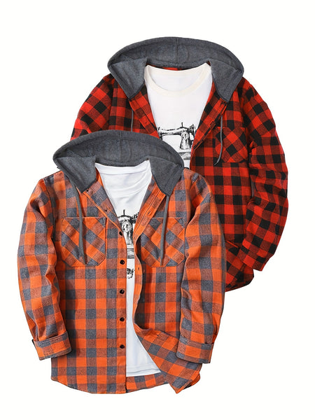 2pcs Men's New York Fashion Trendy Plaid Shirt Hoodie, Plaid Pullover Sweatshirt Flannel Hoodie