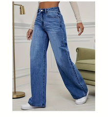 Women'S 2026 Autumn Winter New Stretch Straight-Leg Jeans, High-Waisted Loose Fit Jeans. Washed Blue Denim Trousers with Pockets, Tummy Control Comfort Pants, Elegant Ladies' Outfit, Wide Leg Casual Pants Suitable for Work, Travel And Office Wear