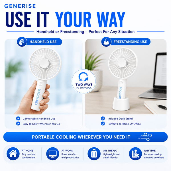 UK LOCAL SELLER - 3 Speed Rechargeable Portable Handheld Fan 21cm – USB Charging Mini Cooling Fan with Built-in Battery, Lightweight 165g, 2-in-1 Handheld & Desk Use with Stand for Home, Office, Travel & Outdoor Use | Sent and Fulfilled from UK Warehouse