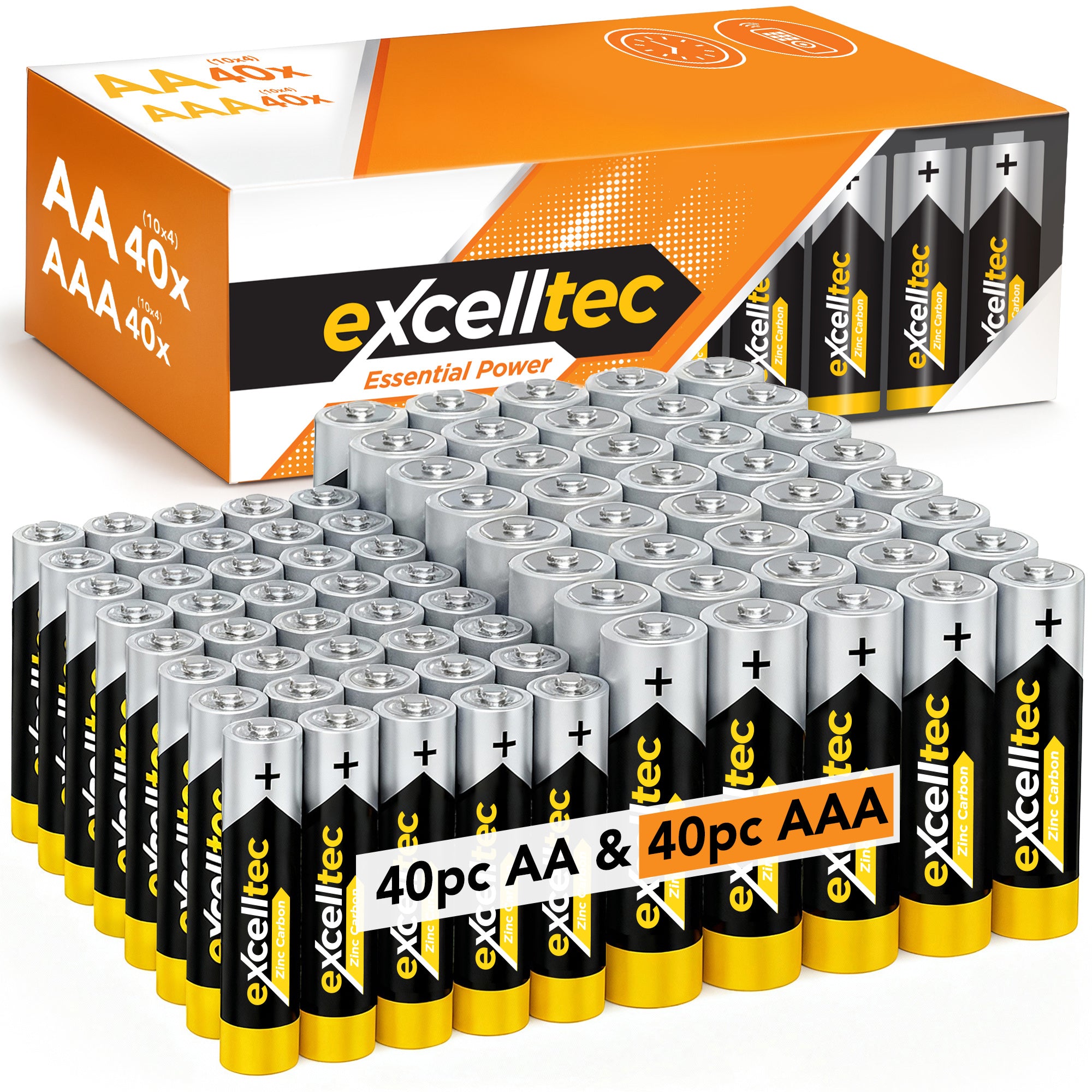 Excelltec 40pk x AA + 40pk x AAA Zinc Carbon Batteries | 1.5V Long-Lasting Household Battery Pack | Reliable Everyday Power for Toys, Remotes, Flashlights & Clocks | Bulk Home & Office Supply
