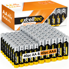Excelltec 40pk x AA + 40pk x AAA Zinc Carbon Batteries | 1.5V Long-Lasting Household Battery Pack | Reliable Everyday Power for Toys, Remotes, Flashlights & Clocks | Bulk Home & Office Supply