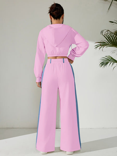 Women'S Suit Featuring a Two-Piece Set with Contrasting Colors, a Short Zip-Up Jacket with Long Sleeves for Spring And Autumn, Paired with Straight-Cut Elegant Casual Pants