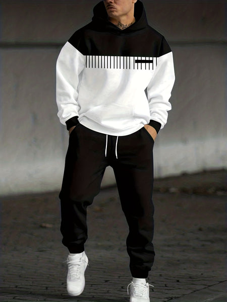 Men'S Fall Winter Striped Print Patchwork Contrast Hoodie And Joggers