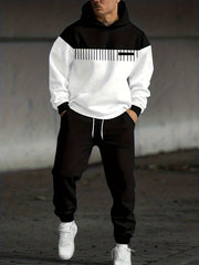 Men'S Fall Winter Striped Print Patchwork Contrast Hoodie And Joggers