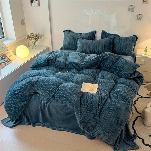 Premium Luxury Bedding Milk Velvet 4pcs Set, Soft, Thickened and Warm, Including 1 Duvet Cover+ 2 Pillowcases+ 1 Bed Sheet, Washable and Machine-Washable, Suitable for Bedrooms, Guest Rooms, Rental Houses, College Dorms