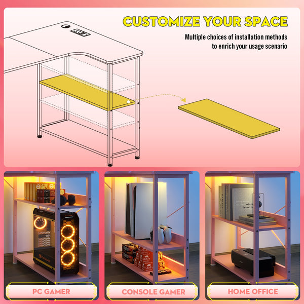 L Shaped Gaming Desk with Power Outlets Corner Computer Desk 110x80CM with Shelves Headphone Hook PC Table Workstation for Home Office Bedroom