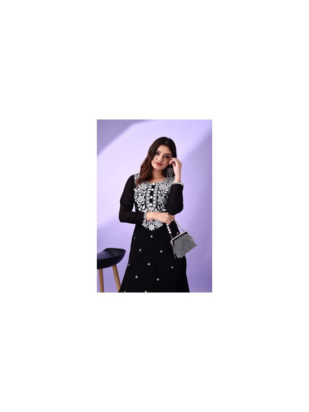 Estationeryhouse Women's Georgette Lucknowi chikankari kurti, Rose Design with Heavy Embroidery, Without Bottom