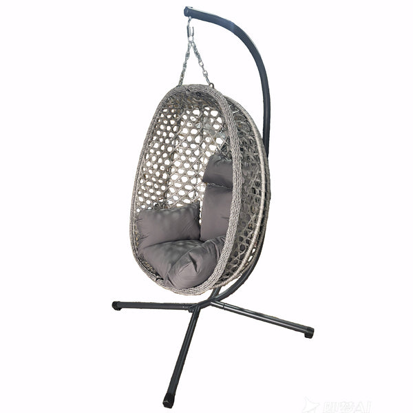 Garden Patio Swing Hanging Chair Hammock With Steel Stand Cushion Rattan Folded Dark Grey