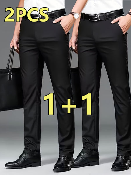 2pcs Men's Professional Business Dress Pants, Office Trousers with Stretch, Versatile Black Straight-Leg Casual Pants for Work