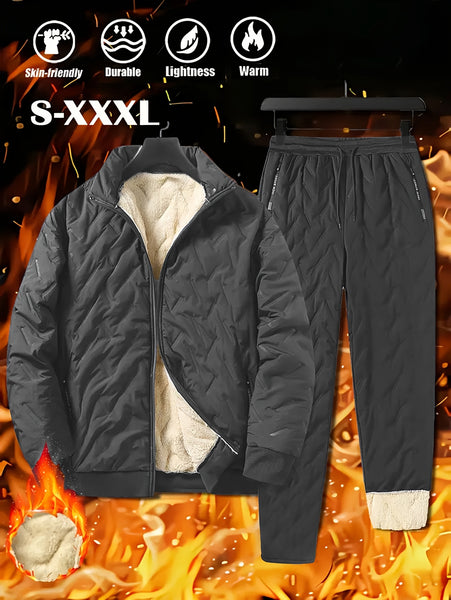 Men's 2pcs Casual Set: Fleece-Lined Thickened Jacket and Pants. Heavyweight Winter Sportswear with Zippered Cardigan Jacket, Fleece-Lined Warm Outerwear, Lamb's Lining. Matching Couple's Outfit for Men and Women. Leak-Proof Top and Pants with Elastic
