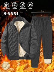 Men's 2pcs Casual Set: Fleece-Lined Thickened Jacket and Pants. Heavyweight Winter Sportswear with Zippered Cardigan Jacket, Fleece-Lined Warm Outerwear, Lamb's Lining. Matching Couple's Outfit for Men and Women. Leak-Proof Top and Pants with Elastic