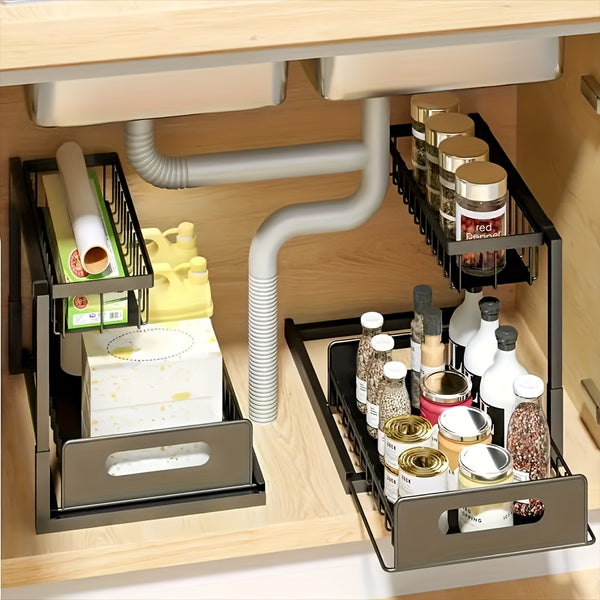 Pull-Out Organizer Rack, Multi-Functional Double-Layer Sundries Storage Rack, Large Capacity Sliding Storage Rack, Suitable for Kitchen And Bathroom, Home Organize And Storage, Home Additions