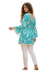 Estationeryhouse Cotton Printed Kurta Top, Long Sleeves, with White Tassels and Drawstring for Adjusting at Back