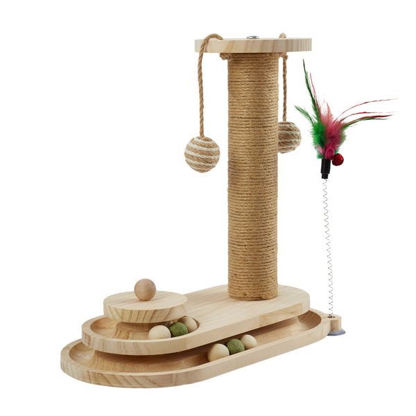 Interactive Solid Wood Cat Scratching Post, Cat Turntable, Cat Teasing Stick, Cat Scratching Board, Durable Cat Toy, Sisal Cat Climbing Frame, Elliptical Turntable