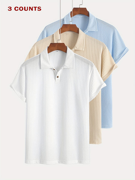 3pcs Set of Summer Casual Sporty Jacquard Knit Short-Sleeve Polo Shirts, 3pcs Jacquard Texture Short-Sleeve Polo Tops