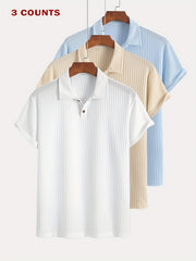 3pcs Set of Summer Casual Sporty Jacquard Knit Short-Sleeve Polo Shirts, 3pcs Jacquard Texture Short-Sleeve Polo Tops