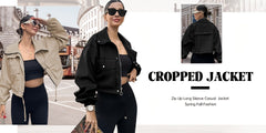Womens Cropped Jacket Zip Up Lightweight Oversized Utility Anorak Coat with Pockets