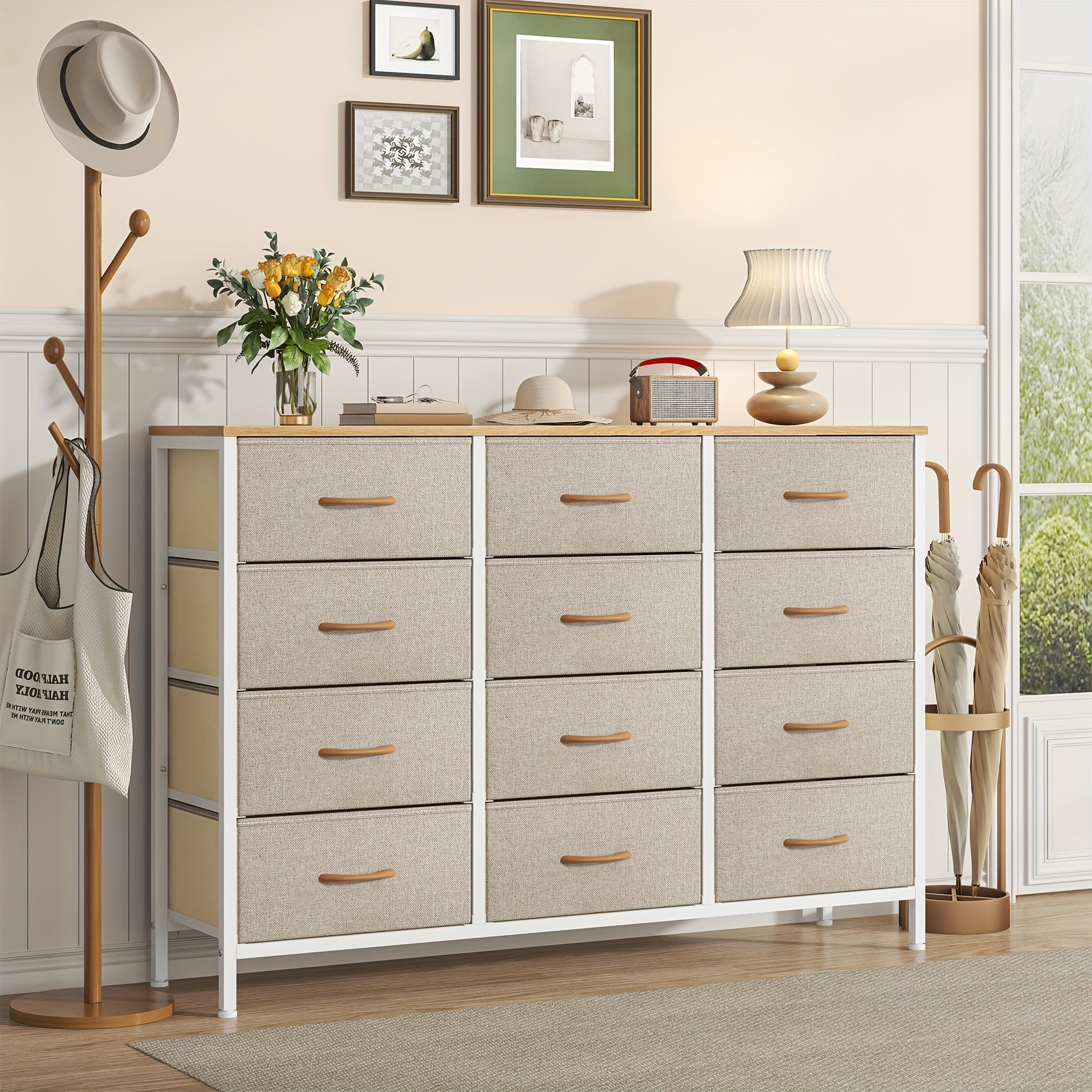 12 Canvas Chest Of Drawers Narrow Fabric Cabinet, Space-Saving Storage Organizer For Bedroom Living Room Office Sturdy Frame Chest Of Drawers