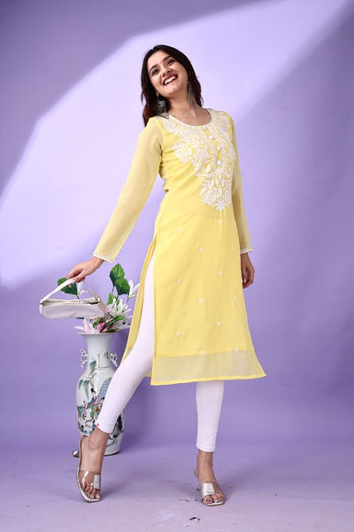Estationeryhouse Women's Georgette Lucknowi chikankari kurti, Rose Design with Heavy Embroidery, Without Bottom