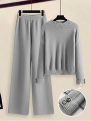 Women's 2pcs Set with Side Stripe| Crewneck Sweater & Relaxed Fit Straight Leg Pants| Soft Loungewear for Spring Autumn | European Casual Y Style