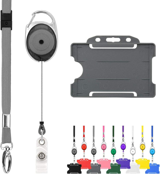 Retractable Lanyard and Badge Holder Trio Triple Pack by Lanyardstomorrow - Set Includes a Single Plain Lanyard, Extendable Carabiner Yoyo Reel Clip and Rigid ID Card Holder (Black)