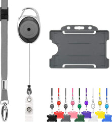 Retractable Lanyard and Badge Holder Trio Triple Pack by Lanyardstomorrow - Set Includes a Single Plain Lanyard, Extendable Carabiner Yoyo Reel Clip and Rigid ID Card Holder (Black)
