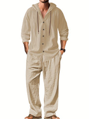 Men's Fashion Lightweight Linen Long Sleeve Hoodie + Pants Set, Solid Color, Versatile Moisture-Wicking Quick- Non-Stretch Fabric, Regular Fit with Drawstring Details, Ideal for Beach, Outdoor Leisure, Vacation, Parties, Straight-Leg Design, Machine