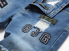 Men's Ripped Jeans with Doll Figure Pattern, Youth Zhang Zai Embroidery, Trendy Skinny Tapered Fit Denim Pants