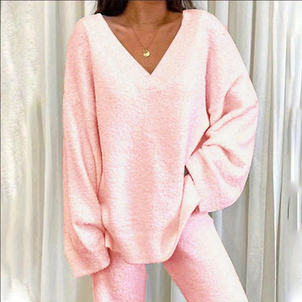 Women'S Winter Cozy Solid Color V-Neck 2pcs Casual Set - Soft Warm Outfits for Home Relaxation, Weekend Streaming & Cozy Friend Gatherings, Lounge Set, Casual Wear, Relaxed Fit, Vneck Design, Breathable Material, Comfortable Fabric, Twopiece Outfit, Women