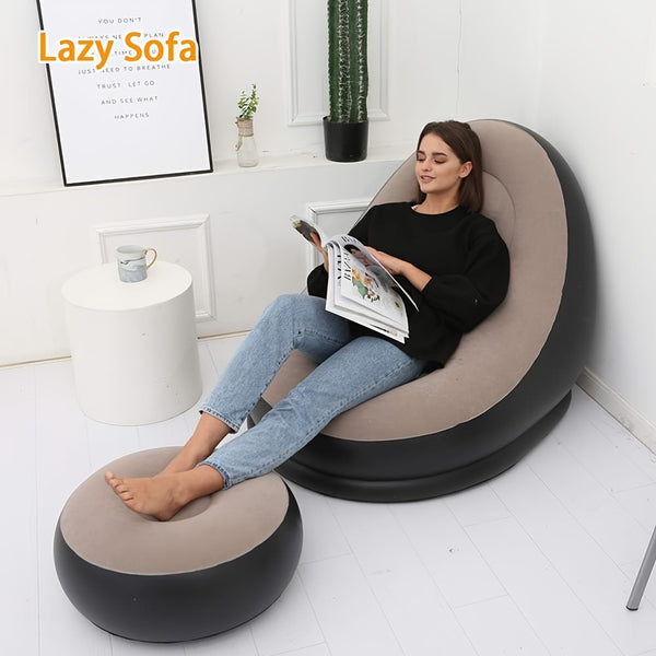 59-Inch Inflatable Lounge Chair Designed for Adults, a Portable Lazy Sofa Complete with a Footstool. This Flocked Recliner Is Perfect for Both Indoor And Outdoor Use