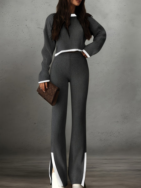 Women'S Short Color-Blocked Long-Sleeve Top with Solid Color Pants, a Casual And Stylish Outfit for Christmas
