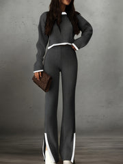 Women'S Short Color-Blocked Long-Sleeve Top with Solid Color Pants, a Casual And Stylish Outfit for Christmas