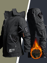 Men'S Thick Fleece Winter Warm Set, Workwear Casual Jacket with Hooded Zipper, Multi-Pocket Jacket, Casual Autumn Winter Men'S Jacket, Long Pants, Fleece Set, Warm Outdoor Hiking, Wear-Resistant